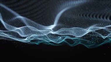 Dalga nesnesi ve parıldayan parçacıklarla gelecek video animasyonu, 4096x2304 döngü 4K