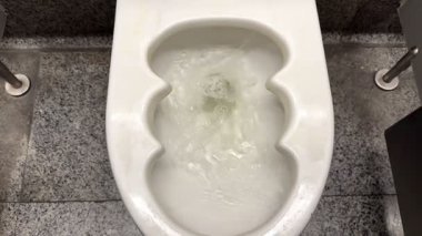 Halka açık bir yerde, gri zemini olan beyaz bir tuvalette sifonu çekmek. Yüksek kalite 4k görüntü