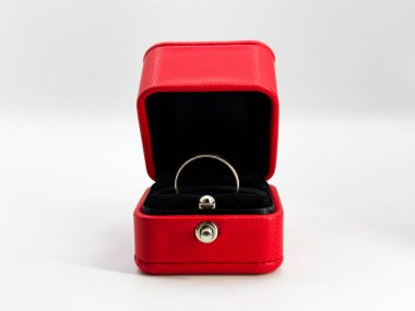 Kırmızı alyanssız altın alyans. Kırmızı alyans kutusunda. Açık konumda dikdörtgen şekilli deri merkezi manzaralı. Yüksek kalite fotoğraf