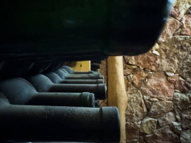 Mahzende şarap şişeleri var, tozlu ama lezzetli. Yüksek kalite fotoğraf