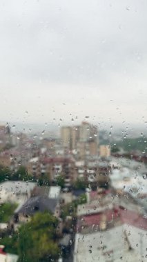 Pencerenin dışında yeşil ağaçlar ve gri gökyüzü olan bir şehir, dikey video 60fps. Yüksek kalite 4k görüntü