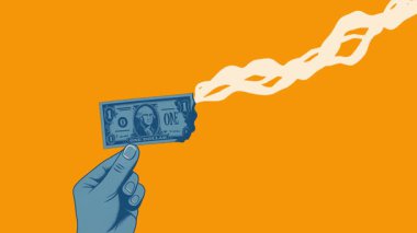 Bir ticaret savaşını kaybetmenin sembolü olarak yanan dolar, mavi el ele tutuşan dolar, yanan dolar, beyaz duman. Uzayı kopyala, düz yat, döngü videosu. Yüksek kalite 4k görüntü