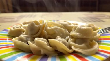 Sabahın erken saatlerinde mutfakta buharlı sıcak ve taze hamur köftesi tabağı. Makroda çok yakın mesafeden gökkuşağı tabağında çatal var. Yüksek kalite 4k görüntü