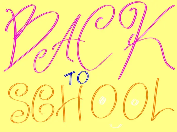 Okul Mesajına Geri Dönüş. Eğitim Arkaplan Tasarımı, Tebrik Kartı, Kapak, Banner. Sarı arka plan, pembe mavi turuncu kelimeler. Yüksek kaliteli illüstrasyon