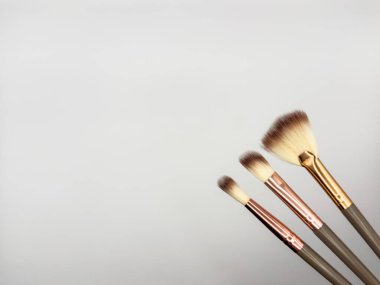 Makyaj fırçalarının yukarıdan çekimleri beyaz arka planda, kopyalama alanı ile izole edildi. Yüksek kalite fotoğraf