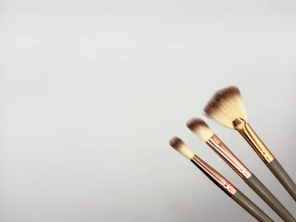Makyaj fırçalarının yukarıdan çekimleri beyaz arka planda, kopyalama alanı ile izole edildi. Yüksek kalite fotoğraf