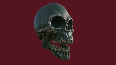 Kırmızı zemin üzerinde yeşil metal kafatası, 3D, reklam için, kopyalama alanı