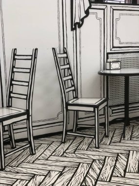 siyah beyaz kafe, resimli kafe, kafede mobilya çizimi, çizgi roman!