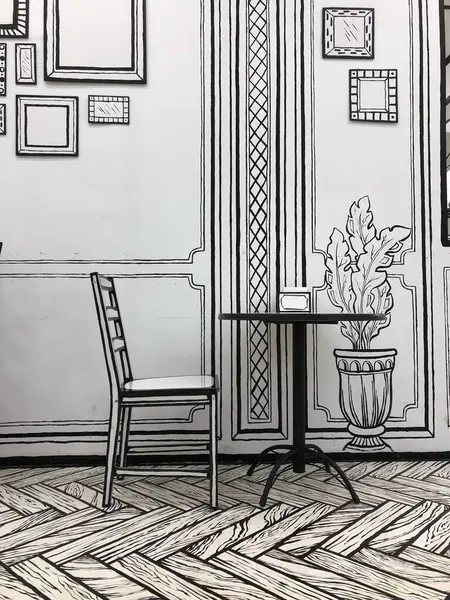 siyah beyaz kafe, resimli kafe, kafede mobilya çizimi, çizgi roman!