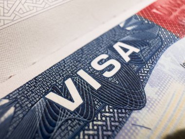 Dünya seyahati için pasaport, ABD vizesi, tur, havaalanı, gümrük, haber, kapalı sınırlar, uyruk. Makro fotoğraf. Yüksek kalite fotoğraf