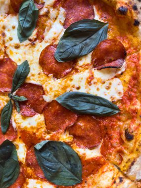 Biberli ve fesleğenli pizza. Fesleğen yeşil ve pepperoni kırmızı.