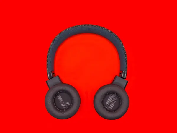 Afişler ve reklamlar için açık kırmızı arka planda koyu yeşil büyük kulaklıklar. kopyalama alanı. Yüksek kalite fotoğraf