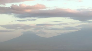 Arka planda bulutlu bir gökyüzü olan bir dağ Araratı var. Gökyüzünde uçan kuşlar var, Ermenistan Erivan