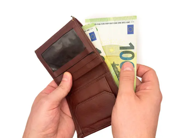 Açık kahverengi deri cüzdan beyaz arka plan, zenginlik konsepti, para, cüzdan, nakit, finans, çanta, ödeme. Yüksek kalite fotoğraf