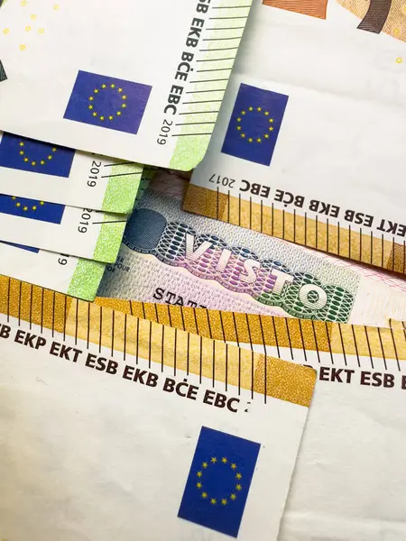 Pasaportunda vize damgası, sınır kontrolünde Avrupa ziyaretçi vizesi. Schengen turizm ve AB 'ye seyahat vizesi Macro görüşü. Çoklu giriş için belge. Avrupa 'ya yasal göç. Yüksek kalite fotoğraf