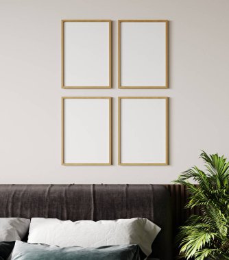 Yatak odasındaki bej duvardaki dört poster çerçevesi, rahat yatak ve bitki örtüsü, 3 boyutlu çizim, 3 boyutlu resimleme.