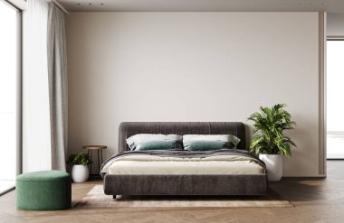 Bej ev iç mimari, İskandinav tarzı yatak odası model, 3 boyutlu.