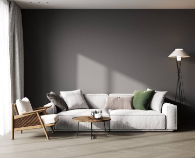 Beyaz kanepe, koltuk, sehpa ve dekorlu gri iç döşeme. 3d oluşturma