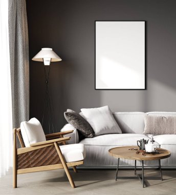 Dikey poster çerçevesi modern oturma odasının içini beyaz kanepe, ahşap mobilya ve dekorasyonla süslüyor.