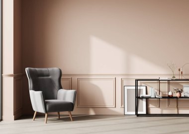 Pervazları, panelleri, gri koltuğu, ahşap zemini ve dekorasyonlu konsolu olan modern pembe klasik iç döşeme. 3d oluşturma