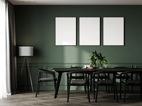 Três Cartaz Quadro Mock Verde Escuro Moderno Casa Interior Fundo — Fotografia de Stock