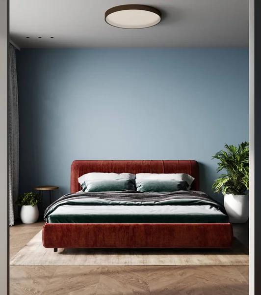 Intérieur Léger Confortable Chambre Coucher Avec Lit Rouge Plaid Gris — Photo