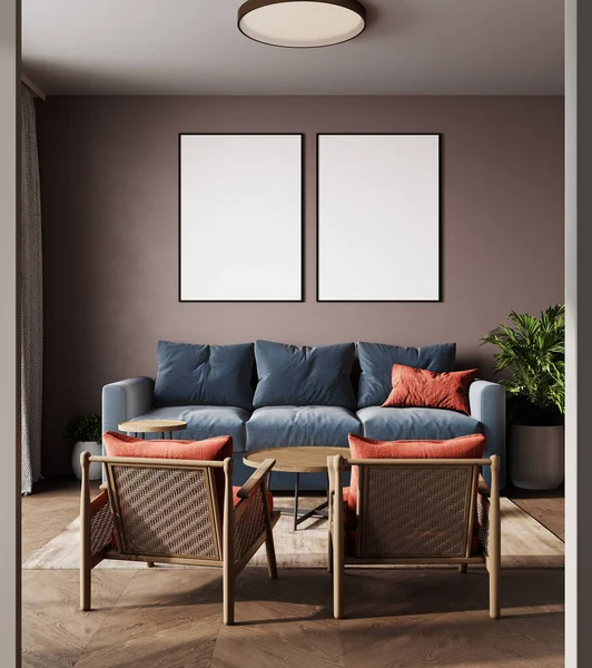 Blanke Bilderammer Moderne Stue Innvendig Med Blå Sofa Rød Stol – stockfoto