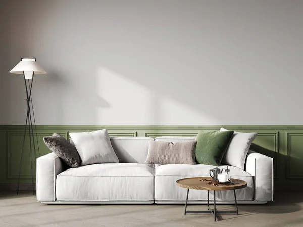 绿色简约的内饰 空白墙壁 咖啡桌和装饰 3D渲染说明模型 — 图库照片