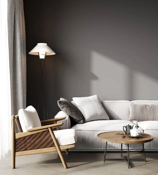 現代のミニマリストのリビングルームのインテリアモックアップ白いソファ木製の家具 グレーのリビングルームのインテリアの背景 スキャンディナヴィアスタイル グレートーンでリビングルーム 3Dレンダリング — ストック写真