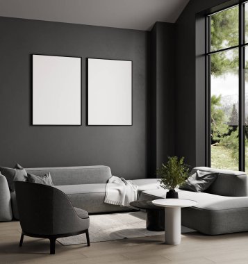 Boş iki resim çerçevesi koyu gri renkli odanın iç kısmı, 3D görüntüleme