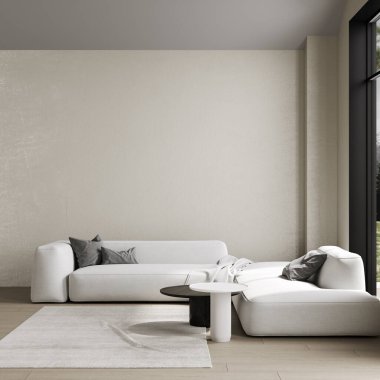 İskandinav tarzı oturma odası iç mekan, modern oturma odası arka plan, bej kanepe ve bitki, 3D görüntüleme