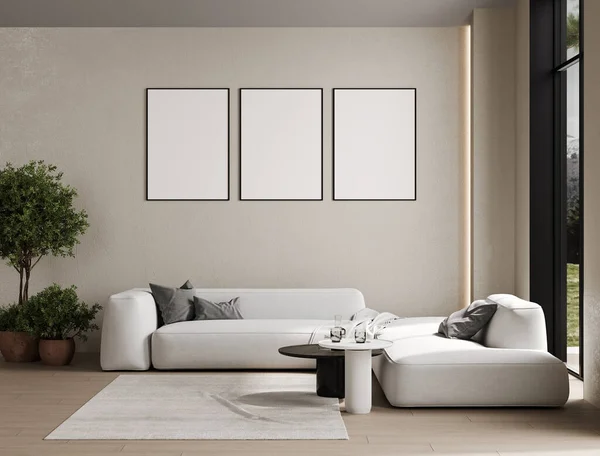 Empty Poster Frames Beige Wall Living Room Interior Modern Furniture — Stock Photo, Image