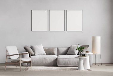Gri, modern iç mekan, oturma odası, İskandinav tarzı, 3 boyutlu çizim, 3 boyutlu illüstrasyon şeklinde poster çerçeveleri.