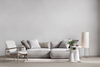 Mobilya ve dekorlu çağdaş gri beyaz iç mekan. 3d resimleme modellemesi.
