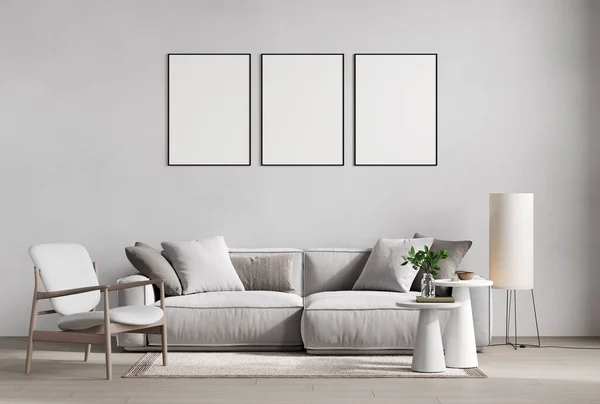 Mock Poster Frames Gray Modern Interior Background Living Room Scandinavian — Stock Photo, Image