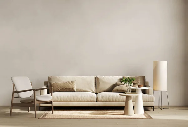 米色的现代简约内饰 扶手椅 空白墙壁 咖啡桌和装饰 3D渲染说明模型 — 图库照片