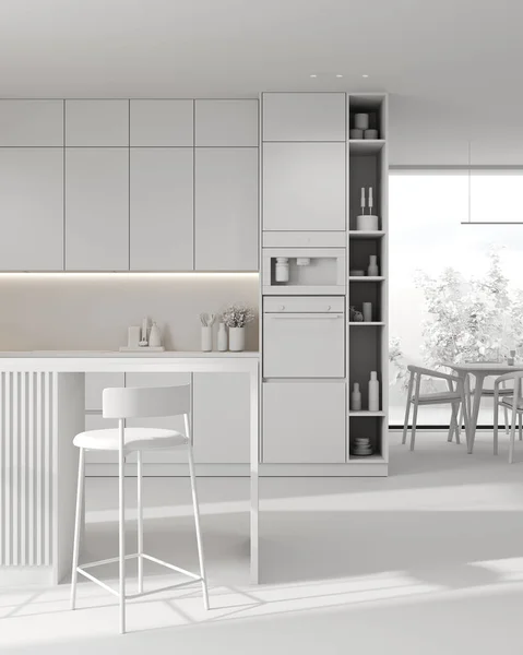 Interior Moderno Del Concepto Cocina Blanco Gris Renderizado — Foto de Stock