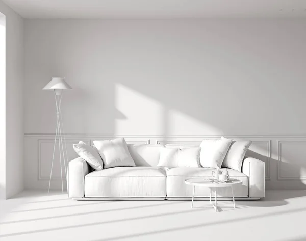 Stock image White room interior mock up with sunlight shadows and white sofa with coffee table and floor lamp, empty wall mock up, 3d rendering