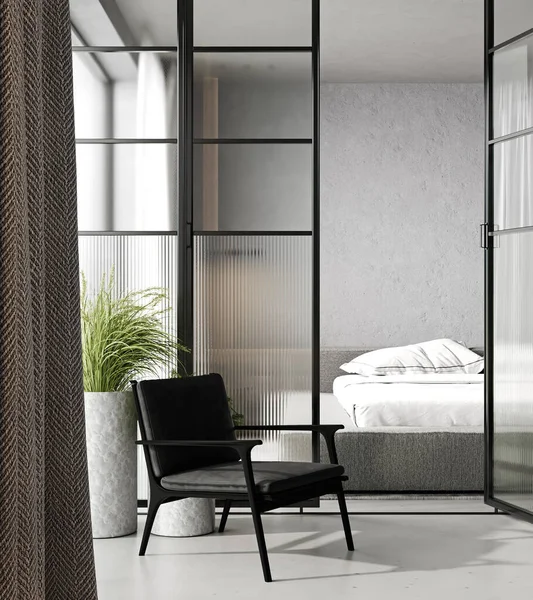 Interior Quarto Cinza Branco Com Porta Vidro Poltrona Preta Plantas — Fotografia de Stock