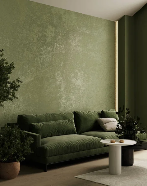 Green interior with sofa and decor. 3d render illustration mockup