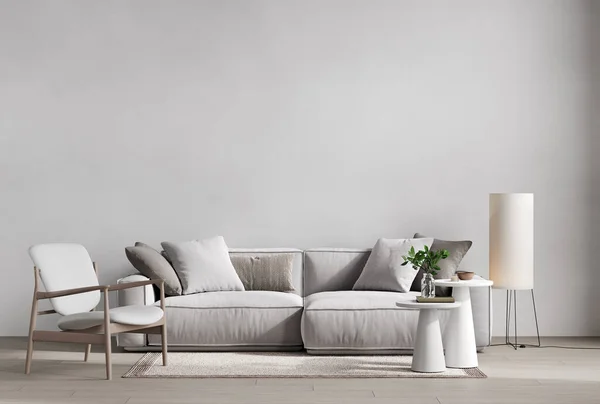 Mobilya ve dekorlu çağdaş gri beyaz iç mekan. 3d resimleme modellemesi.