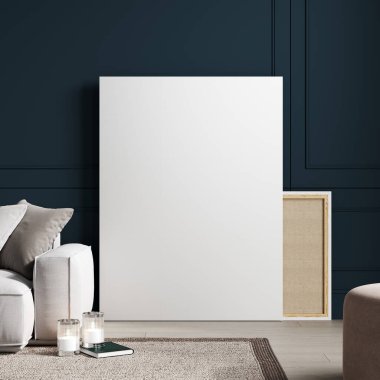 Modern mavi iç planda büyük çerçeve modeli, 3D görüntüleme