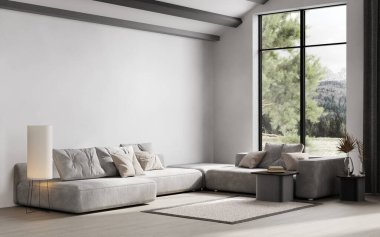 Büyük pencereli, beyaz duvarlı, ahşap kirişli, 3D döşemeli, şık bir oda.