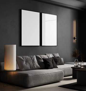 Karanlık modern iç plan içerisindeki iki poster çerçevesi, 3D görüntüleme