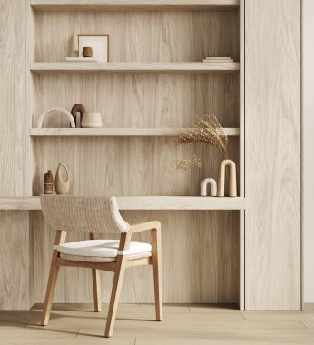 Masası, beyaz koltuğu ve süslemeleri olan şık ahşap işyeri.