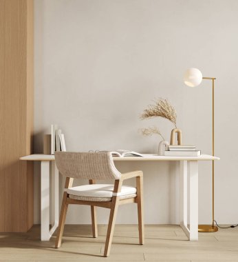 Ev maketi, ahşap stil ev ofisinin iç mimarisi, 3D tasarım.