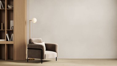 Oturma odası şablonu, parlak iç tasarım boş bir bej arka plan duvarında rahat koltukla taklit edilir, 3D