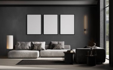 Modern karanlık oturma odasında poster çerçeveleri modelleme, 3D görüntüleme