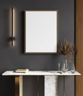 Dikey ahşap çerçeve, vazoda çim, mermer konsolda mum, gri duvar arkaplanı, 3D görüntüleme.