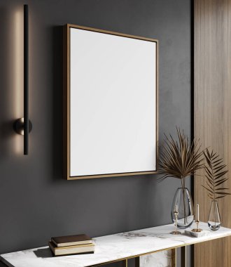 Gri duvar arkaplanı ve mermer konsol üzerinde dikey ahşap çerçeve modeli, gri duvar arkaplanı, 3D görüntüleme
